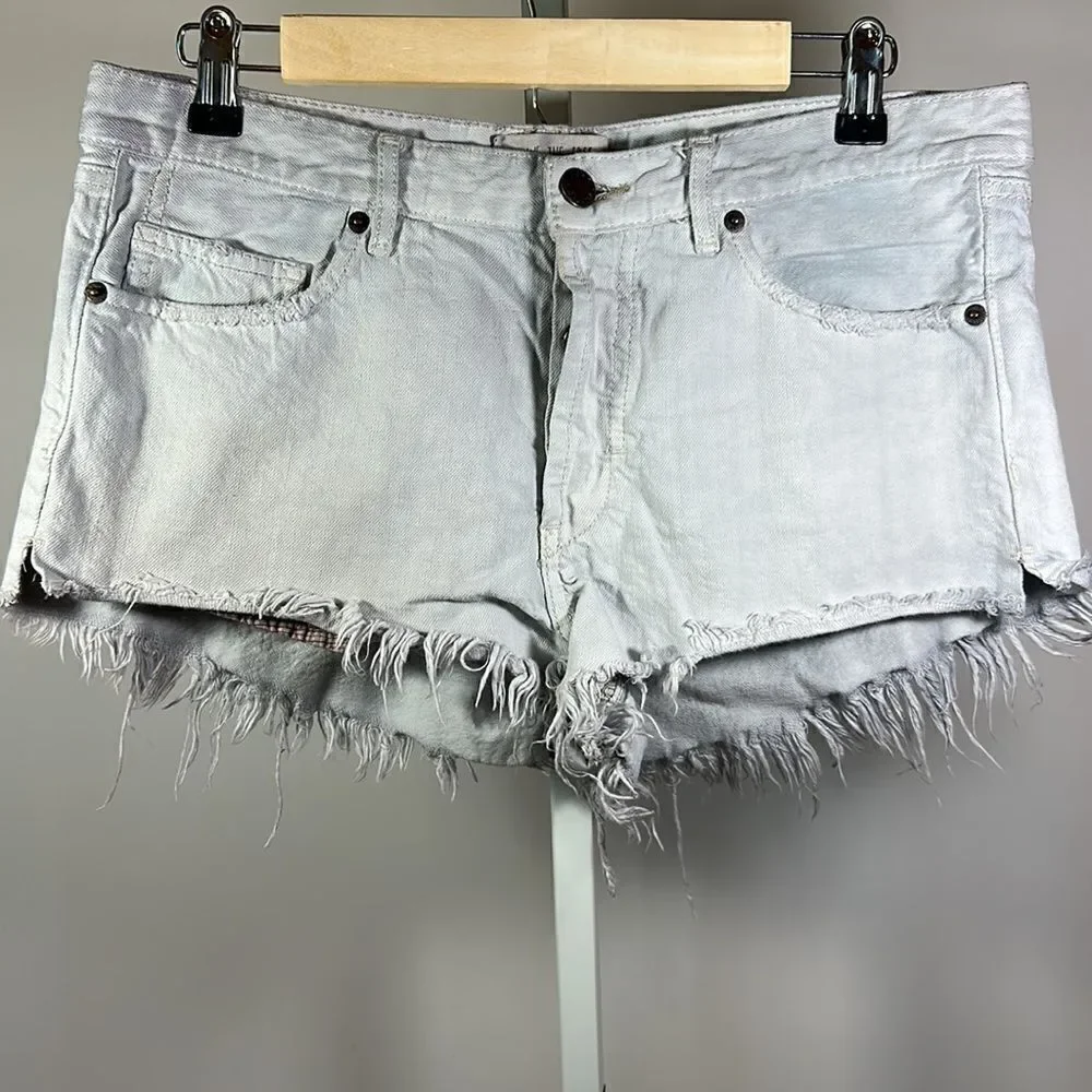 FREE PEOPLE Women’s Button Fly Frayed Hem Boho Denim Shorts Light Wash Size 28